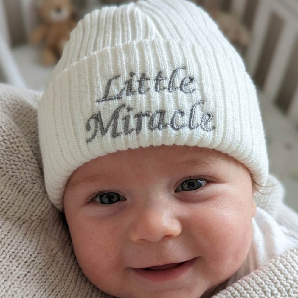 KW105: Baby Embroidered Little Miracle Knitted Hat (Newborn -3 Months) KW105: Baby Embroidered Little Miracle Knitted Hat (Newborn -3 Months)